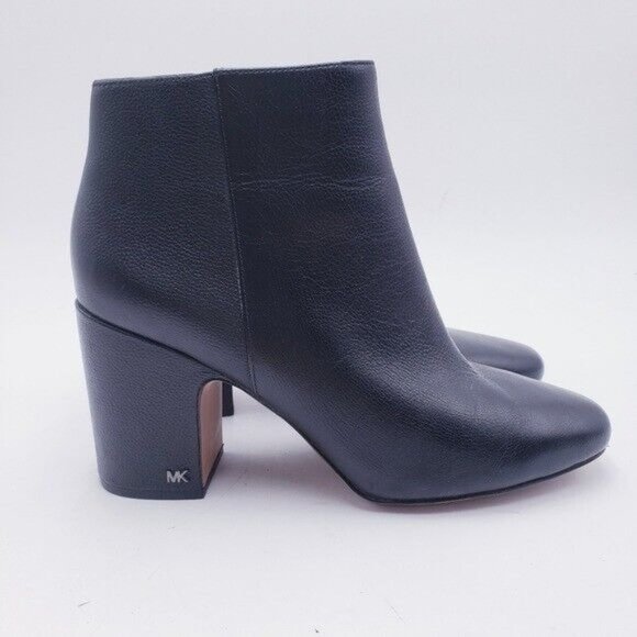 Michael Kors Elaine Leather Bootie Black Ankle Boots Block Heel Womens Size 9 - Picture 1 of 11
